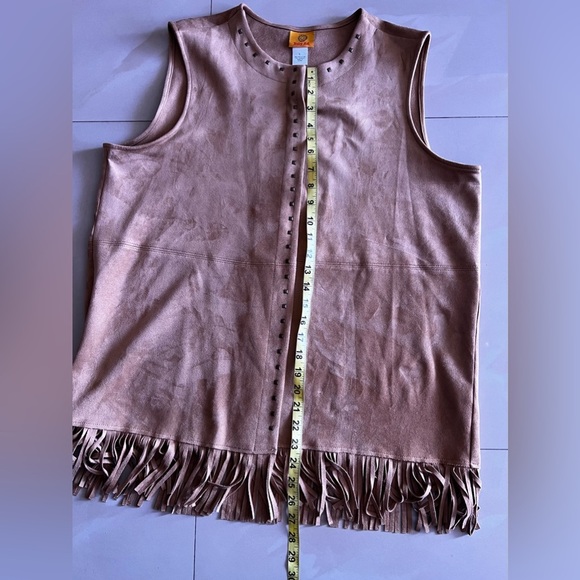 Ruby Rd Suede Fringe Studded tunic Women Brown Faux Open Front Western Regular L - Picture 14 of 16